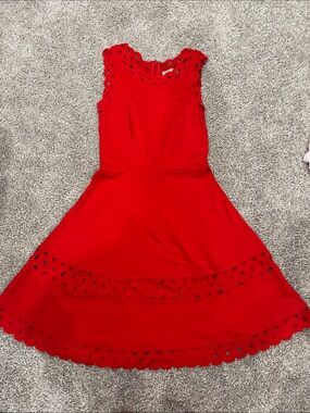 Red Sleeveless Eyelet-Trim Chemise Dress